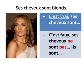 Ses cheveux sont blonds.
+ C'est vrai, ses
cheveux sont…
- C'est faux, ses
cheveux ne
sont pas… Ils
sont…
 