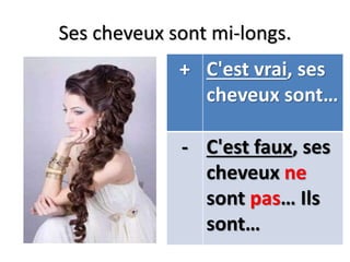 Ses cheveux sont mi-longs.
+ C'est vrai, ses
cheveux sont…
- C'est faux, ses
cheveux ne
sont pas… Ils
sont…
 
