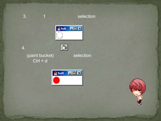 3. แล้วคลิก 1 ครั้งที่ชิ้นงานจะได้ selection ดังรูป 4. เลือกสีแดง แล้วใช้ (paint bucket) เทลงไปใน selection แล้วกด Ctrl + d จะเป็นดังรูป 