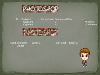กดปุ่ม D บน Keyboard เพื่อปรับค่า Foreground - Background Color ให้เป็นสีดำ-ขาวกดปุ่มลูกศรบน Keyboard ไปทางซ้ายและบนอย่างละ 2 ครั้ง แล้วเติมสีดำลงไปโดยการกด Alt-Delete กดปุ่มลูกศรบน Keyboard ไปทางขวาและล่างอย่างละ 4 ครั้ง แล้วเติมสีขาวลงไปโดยการกด Ctrl-Delete Load Selection จาก Layer 2 อีกครั้งหนึง (กด Ctrl-Click ที่ Layer 2) กดปุ่ม Delete เพื่อลบส่วนที่อยู่ตรงกลางออก 