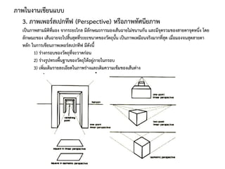INE ๑๑๐๕ การเขียนแบบเพื่อการออกแบบตกแต่งภายในและนิทรรศการ ๑-๒๕๖๒
3. ภาพเพอร์สเปกทีฟ (Perspective) หรือภาพทัศนียภาพ
เป็นภาพสามมิติที่มอง จากระยะไกล มีลักษณะการมองเส้นฉายไม่ขนานกัน และมีจุดรวมของสายตาจุดหนึ่ง โดย
ลักษณะของ เส้นฉายจะไปสิ้นสุดที่ระยะขนาดของวัตถุนั้น เป็นภาพเหมือนจริงมากที่สุด เมื่อมองจนสุดสายตา
หลัก ในการเขียนภาพเพอร์สเปกทีฟ มีดังนี้
1) ร่างกรอบของวัตถุที่จะวาดก่อน
2) ร่างรูปทรงพื้นฐานของวัตถุให้อยู่ภายในกรอบ
3) เพิ่มเติมรายละเอียดในภาพร่างและเติมความเข้มของเส้นต่าง
ภาพในงานเขียนแบบ
 