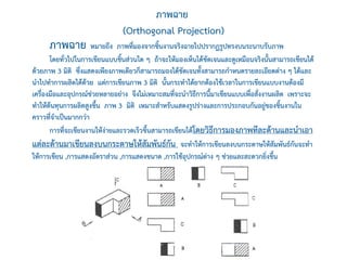 ภาพฉาย หมายถึง ภาพที่มองจากชิ้นงานจริงฉายไปปรากฏรูปทรงบนระนาบรับภาพ
โดยทั่วไปในการเขียนแบบชิ้นส่วนใด ๆ ถ้าจะให้มองเห็นได้ชัดเจนและดูเหมือนจริงนั้นสามารถเขียนได้
ด้วยภาพ 3 มิติ ซึ่งแสดงเพียงภาพเดียวก็สามารถมองได้ชัดเจนทั้งสามารถกาหนดรายละเอียดต่าง ๆ ได้และ
นาไปทาการผลิตได้ด้วย แต่การเขียนภาพ 3 มิติ นั้นกระทาได้ยากต้องใช้เวลาในการเขียนแบบงานต้องมี
เครื่องมือและอุปกรณ์ช่วยหลายอย่าง จึงไม่เหมาะสมที่จะนาวิธีการนี้มาเขียนแบบเพื่อสั่งงานผลิต เพราะจะ
ทาให้ต้นทุนการผลิตสูงขึ้น ภาพ 3 มิติ เหมาะสาหรับแสดงรูปร่างและการประกอบกันอยู่ของชิ้นงานใน
คราวที่จาเป็นมากกว่า
การที่จะเขียนงานให้ง่ายและรวดเร็วขึ้นสามารถเขียนได้โดยวิธีการมองภาพทีละด้านและนาเอา
แต่ละด้านมาเขียนลงบนกระดาษให้สัมพันธ์กัน จะทาให้การเขียนลงบนกระดาษให้สัมพันธ์กันจะทา
ให้การเขียน ,การแสดงอัตราส่วน ,การแสดงขนาด ,การใช้อุปกรณ์ต่าง ๆ ช่วยและสะดวกยิ่งขึ้น
ภาพฉาย
(Orthogonal Projection)
 