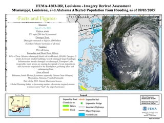 -Facts and Figures- Duration Aug. 23  -  31 ,  2005 Highest winds 175 mph (280 km/h) sustained Damages-Total  Damages estimated as high as $200 billion  (Costliest Atlantic hurricane of all time) Fatalities 854, still rising. Immediate and Short-Term Effects 80% of New Orleans submerged; death toll could reach 100,000; Category 5 winds destroyed smaller buildings, heavily damaged larger buildings; Infrastructure mostly damaged or submerged, Transport Links inoperable; burst levees are causing the spread of toxic depositions and chemicals suspended in the floodwaters, polluting lakes and endangering lives. Areas affected Bahamas, South Florida, Louisiana (especially Greater New Orleans), Mississippi, Alabama, Florida Panhandle -Part of the 2005 Atlantic Hurricane Season- Global Warming linked to increasing number of extreme tropical storms: warmer waters “fuel” the larger hurricanes 