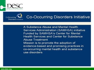 A Substance Abuse and Mental Health Services Administration (SAMHSA) initiative Funded by SAMHSA’s Center for Mental Health Services and Center for Substance Abuse Treatment Mission is to promote the adoption of evidence-based and promising practices in co-occurring mental health and substance use disorders