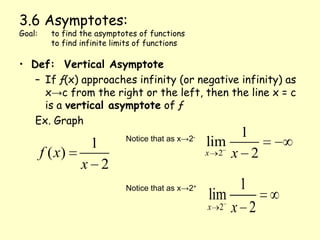 3.6 Asymptotes:Goal: 	to find the asymptotes of functions	to find infinite limits of functions Def:  Vertical Asymptote If ƒ(x) approaches infinity (or negative infinity) as x->c from the right or the left, then the line x = c is a vertical asymptote of ƒ Ex. Graph  Notice that as x->2- Notice that as x->2+ 