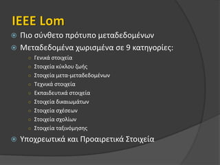 Το πρότυπο DublinCore (1/3)Αποτελείται από 15 στοιχεία-πεδίαΟμαδοποιημένα εννοιολογικά σε 3 κατηγορίεςΠεριεχόμενο (Τίτλος, Θέμα, κλπ)Πνευματική Ιδιοκτησία (Δημιουργός, Εκδότης κλπ)Στιγμιότυπο (Ημερομηνία, Τύπος κλπ)Προαιρετικά πεδία