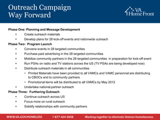 Outreach Campaign
Way Forward
Phase One: Planning and Message Development
         Create outreach materials
         Develop plans for 28 kick-off events and nationwide outreach
Phase Two: Program Launch
         Convene events in 28 targeted communities
         Purchase paid advertising in the 28 targeted communities
         Mobilize community partners in the 28 targeted communities in preparation for kick-off event
         Run PSAs on radio and TV stations across the US (TV PSAs are being developed now)
         Distribute outreach materials in all communities
           Printed Materials have been provided to all VAMCs and VAMC personnel are distributing
            to CBOCs and to community partners
           Promotional items will be distributed to all VAMCs by May 2012
         Undertake national partner outreach
Phase Three: Furthering Outreach
         Continue outreach across US
         Focus more on rural outreach
         Solidify relationships with community partners
 