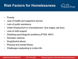 Risk Factors for Homelessness


• Poverty
• Lack of health and supportive service
• Lack of public assistance
• Under Employment or Unemployment (low wages, job loss)
• Lack of child support
• Disabling psychological conditions (PTSD, MST)
• Domestic violence
• Drug/alcohol abuse
• Physical and mental illness
• Challenges readjusting to civilian life
 