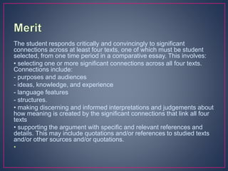 The student responds critically and convincingly to significant
connections across at least four texts, one of which must be student
selected, from one time period in a comparative essay. This involves:
• selecting one or more significant connections across all four texts.
Connections include:
- purposes and audiences
- ideas, knowledge, and experience
- language features
- structures.
• making discerning and informed interpretations and judgements about
how meaning is created by the significant connections that link all four
texts
• supporting the argument with specific and relevant references and
details. This may include quotations and/or references to studied texts
and/or other sources and/or quotations.
•
 