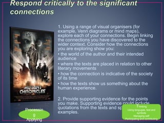 1. Using a range of visual organisers (for
example, Venn diagrams or mind maps),
explore each of your connections. Begin linking
the connections you have discovered to the
wider context. Consider how the connections
you are exploring show you:
• the world of the author and their intended
audience
• where the texts are placed in relation to other
literary movements
• how the connection is indicative of the society
of its time
• how the texts show us something about the
human experience.
2. Provide supporting evidence for the points
you make. Supporting evidence could include
quotations from the texts and specific
examples.
Processin
g
Applying
Thinking
Using langugae, text and
symbols
Managing self
Participating and contributing
 