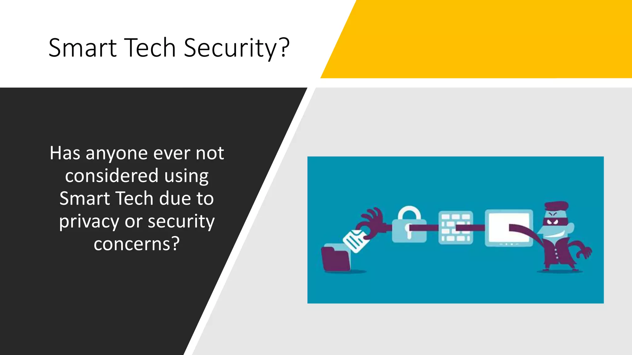 Smart Tech Security?
Has anyone ever not
considered using
Smart Tech due to
privacy or security
concerns?
 