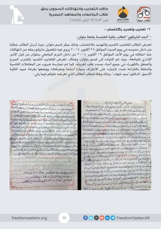 FreedomSeekersMfreedomseekers.org 13
‫بحق‬ ‫السجون‬ ‫وانتهاكات‬ ‫التعذيب‬ ‫حاالت‬
‫المصرية‬ ‫والمعاهد‬ ‫الجامعات‬ ‫طالب‬
2015/11/1 ‫إلى‬ 2013/7/3 ‫من‬
: ‫باالغتصاب‬ ‫وتهديد‬ ‫تعذيب‬ -2
: ‫حلوان‬ ‫جامعة‬ ‫الهندسة‬ ‫بكلية‬ ‫الطالب‬ ”‫الشرقاوي‬ ‫“أحمد‬ -
‫خطابا‬ ‫الطالب‬ ‫أرسل‬ ‫حيث‬ ،‫حلوان‬ ‫قسم‬ ‫بمقر‬ ‫وذلك‬ ،‫باالغتصاب‬ ‫والتهديد‬ ‫الشديد‬ ‫للتعذيب‬ ‫الطالب‬ ‫تعرض‬
‫انتهاكات‬ ‫من‬ ‫بحقه‬ ‫وقع‬ ‫ما‬ ‫تفاصيل‬ ‫فيه‬ ‫يروى‬ 2014 ‫أكتوبر‬ 25 ‫الموافق‬ ‫السبت‬ ‫يوم‬ ‫في‬ ‫محبسه‬ ‫داخل‬ ‫من‬
‫األمن‬ ‫قبل‬ ‫من‬ ‫بحلوان‬ ‫الجامعي‬ ‫الحرم‬ ‫داخل‬ ‫من‬ 2014 ‫أكتوبر‬ 19 ‫الموافق‬ ‫األحد‬ ‫يوم‬ ‫في‬ ‫اعتقاله‬ ‫منذ‬
‫المبرح‬ ‫بالضرب‬ ‫الشديد‬ ‫للتعذيب‬ ‫تعرض‬ ،‫وهناك‬ ،‫حلوان‬ ‫قسم‬ ‫إلى‬ ‫اقتياده‬ ‫تم‬ ‫حيث‬ ،‫للجامعة‬ ‫اإلداري‬
‫القاسية‬ ‫المعامالت‬ ‫من‬ ‫ضروب‬ ‫ممارسة‬ ‫تم‬ ‫كما‬ ،‫تعريته‬ ‫عقب‬ ‫جسده‬ ‫أنحاء‬ ‫جميع‬ ‫في‬ ‫بالكهرباء‬ ‫والصعق‬
‫الكلية‬ ‫عميد‬ ‫بغرفة‬ ‫ووضعها‬ ‫ومفرقعات‬ ‫أسلحة‬ ‫بحيازة‬ ‫االعتراف‬ ‫على‬ ‫إلجباره‬ ،‫ضده‬ ‫بالكرامة‬ ‫والحاطة‬
: ‫يلي‬ ‫فيما‬ ‫عليكم‬ ‫نعرضه‬ ‫الذي‬ ‫الطالب‬ ‫لخطاب‬ ‫وفقا‬ ‫وذلك‬ ،”‫شهاب‬ ‫الدكتور”سيد‬ ،‫األسبق‬
 