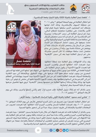 FreedomSeekersMfreedomseekers.org 23
‫بحق‬ ‫السجون‬ ‫وانتهاكات‬ ‫التعذيب‬ ‫حاالت‬
‫المصرية‬ ‫والمعاهد‬ ‫الجامعات‬ ‫طالب‬
2015/11/1 ‫إلى‬ 2013/7/3 ‫من‬
: ‫اإلسكندرية‬ ‫جامعة‬ ‫التجارة‬ ‫بكلية‬ ‫الثالثة‬ ‫بالفرقة‬ ‫نصار”الطالبة‬ ‫“فاطمة‬ -6
2014 ‫يناير‬ 3 ‫الموافق‬ ‫الجمعة‬ ‫يوم‬ ‫في‬ ‫الطالبة‬ ‫اعتقال‬ ‫تم‬
‫قيامها‬ ‫أثناء‬ ‫وذلك‬ ،‫باإلسكندرية‬ ‫السيوف‬ ‫منطقة‬ ‫من‬
‫قوات‬ ‫قيام‬ ‫نتيجة‬ ‫سقطوا‬ ‫الذين‬ ‫المصابين‬ ‫أحد‬ ‫بإسعاف‬
،‫الحالي‬ ‫للنظام‬ ‫مناهضة‬ ‫مظاهرة‬ ‫على‬ ‫باالعتداء‬ ‫األمن‬
‫بمديرية‬ ”‫“الترحيالت‬ ‫سجن‬ ‫إلى‬ ‫الطالبة‬ ‫ترحيل‬ ‫تم‬ ‫حيث‬
‫للرجال‬‫مخصص‬‫سجن‬‫أنه‬‫من‬‫الرغم‬‫على‬‫اإلسكندرية‬‫أمن‬
‫والتي‬ ،‫والمحلية‬ ‫الدولية‬ ‫القوانين‬ ‫لكافة‬ ‫صارخة‬ ‫مخالفة‬ ‫في‬
‫النساء‬ ‫من‬ ‫السجينات‬ ‫احتجاز‬ ‫وجوب‬ ‫على‬ ‫جميعها‬ ‫نصت‬
‫أن‬ ‫فإما‬ ،‫حارسات‬ ‫إلشراف‬ ‫يخضعن‬ ‫وأن‬ ‫الرجال‬ ‫عن‬ ‫بمعزل‬
‫جناح‬ ‫في‬ ‫يحتجزن‬ ‫أن‬ ‫وإما‬ ،‫بهن‬ ‫خاصة‬ ‫منشأة‬ ‫في‬ ‫يوضعن‬
،ً‫ا‬‫مشترك‬ ‫السجن‬ ‫كان‬ ‫إذا‬ ‫موظفات‬ ‫سلطة‬ ‫تحت‬ ‫منفصل‬
”‫“األبعدية‬ ‫سجن‬ ‫إلى‬ ‫بعد‬ ‫فيما‬ ‫الطالبة‬ ‫ترحيل‬ ‫تم‬ ‫حتى‬
.‫بدمنهور‬
،‫اعتقالها‬ ‫لحظة‬ ‫منذ‬ ‫الطالبة‬ ‫بحق‬ ‫االنتهاكات‬ ‫بدأت‬ ‫وقد‬
،‫المبرح‬ ‫والضرب‬ ‫للسحل‬ ‫اعتقالها‬ ‫أثناء‬ ‫تعرضت‬ ‫حيث‬
‫على‬ ‫الطالبة‬ ‫عرض‬ ‫يكون‬ ‫أن‬ ‫األمنية‬ ‫األجهزة‬ ‫تعمدت‬ ‫كما‬
‫الدستور‬ ‫لها‬ ‫كفله‬ ‫الذي‬ ‫لحقها‬ ّ‫فج‬ ‫انتهاك‬ ‫في‬ ،‫محاميها‬ ‫أو‬ ‫ذويها‬ ‫إعالم‬ ‫ودون‬ ‫فجرا‬ ‫الثالثة‬ ‫في‬ ‫العامة‬ ‫النيابة‬
‫التغذية‬ ‫سوء‬ ‫إلى‬ ‫وباإلضافة‬ ،‫التحقيق‬ ‫جهات‬ ‫على‬ ‫عرضها‬ ‫أثناء‬ ‫معها‬ ‫محام‬ ‫تواجد‬ ‫وجوب‬ ‫من‬ ‫المصري‬
‫العظام‬ ‫في‬ ‫بهشاشة‬ ‫أصيبت‬ ‫حيث‬ ‫األمنية‬ ‫األجهزة‬ ‫قبل‬ ‫من‬ ‫آخر‬ ‫لتعنت‬ ‫الطالبة‬ ‫تعرضت‬ ،‫السيئة‬ ‫والمعاملة‬
‫رعاية‬ ‫أى‬ ‫توفير‬ ‫أو‬ ‫مشفى‬ ‫إلى‬ ‫نقلها‬ ‫األمنية‬ ‫األجهزة‬ ‫رفضت‬ ‫وقد‬ ،‫وعظامها‬ ‫أسنانها‬ ‫في‬ ‫مبرحة‬ ‫آالم‬ ‫إلى‬ ‫آدى‬
‫مرضها‬ ‫تفاصيل‬ ‫فيها‬ ‫تروي‬ ”‫“األبعدية‬ ‫بسجن‬ ‫محبسها‬ ‫من‬ ‫الطالبة‬ ‫أرسلتها‬ ‫لرسالة‬ ‫ا‬ً‫ق‬‫وف‬ ‫وذلك‬ ،‫لها‬ ‫طبية‬
.‫احتجازها‬ ‫بمقر‬ ‫الصحية‬ ‫الرعاية‬ ‫وسوء‬
‫يوم‬ ‫في‬ ‫وذلك‬ ،‫وآخرين‬ ‫شملها‬ ‫رئاسي‬ ‫عفو‬ ‫قرار‬ ‫صدرو‬ ‫عقب‬ ‫الطالبة‬ ‫سبيل‬ ‫إخالء‬ ‫تم‬ ‫أنه‬ ‫بالذكر‬ ‫جدير‬
.2015 ‫سبتمبر‬ 23 ‫الموافق‬ ‫األربعاء‬
: ‫األزهر‬ ‫جامعة‬ – ‫االسالمية‬ ‫الدراسات‬ ‫بكلية‬ ‫األولى‬ ‫بالفرقة‬ ‫الطالبة‬ ”‫محمود‬ ‫أحمد‬ ‫“هنادي‬ -7
24 ‫الموافق‬ ‫الثالثاء‬ ‫يوم‬ ‫في‬ ‫لألزهر‬ ‫الجامعي‬ ‫الحرم‬ ‫داخل‬ ‫من‬ ‫تصريح‬ ‫دون‬ ‫تعسفيًا‬ ‫الطالبة‬ ‫اعتقال‬ ‫تم‬
‫من‬ ‫لضروب‬ ‫تعرضت‬ ‫كما‬ ،‫اعتقالها‬ ‫أثناء‬ ‫المبرح‬ ‫والضرب‬ ‫للسحل‬ ‫الطالبة‬ ‫تعرضت‬ ‫وقد‬ ،2013 ‫ديسمبر‬
.‫الصحية‬ ‫حالتها‬ ‫تدهور‬ ‫إلى‬ ‫أدى‬ ‫مما‬ ،‫سيئة‬ ‫احتجاز‬ ‫ظروف‬ ‫إلى‬ ‫باإلضافة‬ ‫القاسية‬ ‫المعامالت‬
‫تعرضت‬ ‫حيث‬ ،”‫“القناطر‬ ‫بسجن‬ ‫احتجازها‬ ‫فترة‬ ‫خالل‬ ‫آخر‬ ‫النتهاك‬ ‫تعرضت‬ ‫قد‬ ‫كانت‬ ‫الطالبة‬ ‫أن‬ ‫بالذكر‬ ‫جدير‬
‫بعد‬ ‫الطالبة‬ ‫نقل‬ ‫تم‬ ‫كما‬ ،‫بينهن‬ ‫بالغة‬ ‫إصابات‬ ‫عن‬ ‫أسفر‬ ‫مما‬ ‫حادة‬ ‫وآالت‬ ‫بالعصى‬ ‫المبرح‬ ‫للضرب‬ ‫وزميالتها‬
‫الدستور‬ ‫لمواد‬ ‫فجة‬ ‫مخالفة‬ ‫في‬ ‫وذلك‬ ،‫آدمية‬ ‫الغير‬ ‫احتجازه‬ ‫بظروف‬ ‫المعروف‬ ‫التأديب‬ ‫عنبر‬ ‫إلى‬ ‫االنتهاك‬ ‫هذا‬
‫انتهاك‬ ‫عن‬ ‫فضال‬ ،‫بالكرامة‬ ‫الحاطة‬ ‫المعامالت‬ ‫أو‬ ‫للتعذيب‬ ‫محتجز‬ ‫شخص‬ ‫أى‬ ‫تعرض‬ ‫جرمت‬ ‫التي‬ ‫المصري‬
.‫والسياسية‬ ‫المدنية‬ ‫بالحقوق‬ ‫الخاص‬ ‫الدولي‬ ‫والعهد‬ ‫اإلنسان‬ ‫لحقوق‬ ‫العالمي‬ ‫اإلعالن‬
 