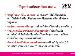 ปัญหาที่พบในการเขียน มคอ ๓
• ข้อมูลในหมวดที่ ๑ ผิดพลาด เพราะอาจารย์ไม่ได้ใส่ใจเขียน
เช่น วันที่จัดทาหรือปรับปรุงรายละเอียดของรายวิชาครั้งล่าสุด
ไม่ถูกต้อง
• จุดมุ่งหมายของรายวิชา (หมวดที่ ๒) ไม่ตรงกับคาอธิบายรายวิชา
• วัตถุประสงค์ในการพัฒนา/ปรับปรุงรายวิชา ไม่สะท้อนถึง
ความคิดว่าทาไมจึงต้องมีรายวิชานี้ในหลักสูตร ส่วนมากมักจะ
เขียนซ้ากับวัตถุประสงค์ของรายวิชา
• จานวนชั่วโมงที่ใช้ต่อภาคการศึกษา (หมวดที่ ๓) ไม่ถูกต้อง (ให้
พิจารณาจากหน่วยกิต และ การสอนจริง ๑๕ สัปดาห์)
 