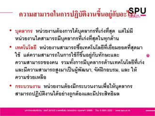 ความสามารถในการปฏิบัติงานขึ้นอยู่กับอะไร?
• บุคลากร หน่วยงานต้องการได้บุคลากรที่เก่งที่สุด แต่ไม่มี
หน่วยงานใดสามารถมีบุคลากรที่เก่งที่สุดในทุกด้าน
• เทคโนโลยี หน่วยงานสามารถซื้อเทคโนโลยีที่เยี่ยมยอดที่สุดมา
ใช้ แต่ความสามารถในการใช้ก็ขึ้นอยู่กับทักษะและ
ความสามารถของคน รวมทั้งการมีบุคลากรด้านเทคโนโลยีที่เก่ง
และมีความสามารถสูงมาเป็นผู้พัฒนา, จัดฝึกอบรม, และ ให้
ความช่วยเหลือ
• กระบวนงาน หน่วยงานต้องมีกระบวนงานเพื่อให้บุคลากร
สามารถปฏิบัติงานได้อย่างถูกต้องและมีประสิทธิผล
 