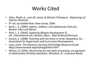Works Cited
• Allen, Phyllis A., Lynn M. Jones, & Miriam F.Stimpson. Beginnings of
  Interior Elements.
• 9th ed. Up Saddle River, New Jersey. 2004
• Berk, L. E. (1999). Infants, children, and adolescents (3rd ed.).
  Boston: Allyn and Bacon.
• Berk, L. E. (2010). Exploring lifespan development (2.
  ed., International ed.). Boston, Mass.: Allyn & Bacon/Pearson.
• Jensen, E. (1998). Teaching with the brain in mind. Alexandria, Va.:
  Association for Supervision and Curriculum Development.
• Lane, Carla The Distance Learning Technology Resource Guide
  http://www.tecweb.org/styles/gardner.html
• Wilson, D. (1991). Recovering the lost tools of learning: an approach
  to distinctively Christian education. Wheaton, Ill.: Crossway Books.
 