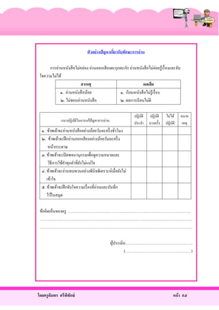 ตัวอย่างปัญหาเกียวกับทักษะการอ่าน
่
การอ่านหนังสื อไม่คล่อง อ่านออกเสี ยงตะกุกตะกัก อ่านหนังสื อไม่ค่อยรู ้เรื่ องและจับ
ใจความไม่ได้
สาเหตุ
ผลเสี ย
๑. อ่านหนังสื อน้อย
๑. เรี ยนหนังสื อไม่รู้เรื่ อง
๒. ไม่ชอบอ่านหนังสื อ
๒. ผลการเรี ยนไม่ดี
ปฏิบติ
ั
ประจํา

แนวปฏิบติในการแก้ปัญหาการอ่าน
ั

ปฏิบติ
ั
บางครั้ง

ไม่ได้
ปฏิบติ
ั

หมาย
เหตุ

๑. ข้าพเจ้าจะอ่านหนังสื ออย่างน้อยวันละครึ่ งชัวโมง
่
๒. ข้าพเจ้าจะฝึ กอ่านออกเสี ยงอย่างน้อยวันละครึ่ ง
หน้ากระดาษ
๓. ข้าพเจ้าจะเปิ ดพจนานุกรมเพื่อดูความหมายและ
วิธีการใช้คาทุกคําที่ยงไม่แน่ใจ
ํ
ั
๔. ข้าพเจ้าจะอ่านทบทวนอย่างพินิจพิเคราะห์เมื่อยังไม่
เข้าใจ
๕. ข้าพเจ้าจะฝึ กจับใจความเรื่ องที่อ่านและบันทึก
ไว้ในสมุด
ข้อคิดเห็นของครู …………………………………………………………………………………..
……………………………………………………………………………………………………….
……………………………………………………………………………………………………….
ผูประเมิน…………………………………………….
้
(……………………………………………)

โดยครู อมพร ศรีพทกษ์
ั
ิ ั

หน้ า ๙๕

 