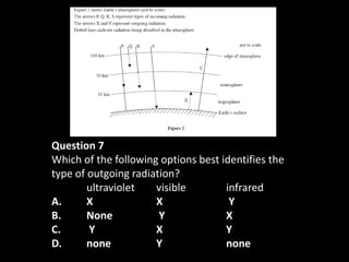 Question 7
Which of the following options best identifies the
type of outgoing radiation?
        ultraviolet   visible        infrared
A.      X             X               Y
B.      None           Y             X
C.      Y             X              Y
D.      none          Y              none
 