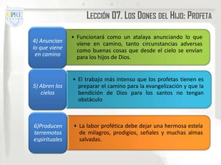 LECCIÓN 07. LOS DONES DEL HIJO: PROFETA

               • Funcionará como un atalaya anunciando lo que
4) Anuncian      viene en camino, tanto circunstancias adversas
lo que viene     como buenas cosas que desde el cielo se envían
 en camino       para los hijos de Dios.


               • El trabajo más intenso que los profetas tienen es
5) Abren los     preparar el camino para la evangelización y que la
   cielos        bendición de Dios para los santos no tengan
                 obstáculo



6)Producen     • La labor profética debe dejar una hermosa estela
terremotos       de milagros, prodigios, señales y muchas almas
espirituales     salvadas.
 