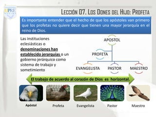 LECCIÓN 07. LOS DONES DEL HIJO: PROFETA
Es importante entender que el hecho de que los apóstoles van primero
que los profetas no quiere decir que tienen una mayor jerarquía en el
reino de Dios.
Las instituciones                            APOSTOL
eclesiásticas o
denominaciones han
establecido jerarquías o un            PROFETA
gobierno jerárquico como
sistema de trabajo y
sometimiento                  EVANGELISTA      PASTOR          MAESTRO

     El trabajo de acuerdo al corazón de Dios es horizontal.




  Apóstol        Profeta      Evangelista      Pastor          Maestro
 