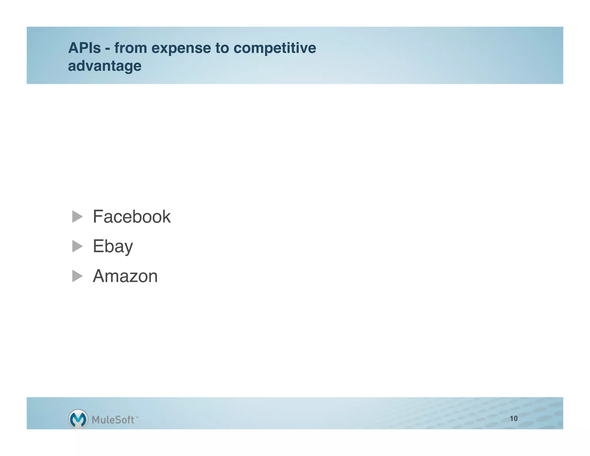 APIs - from expense to competitive
advantage"




" Facebook"
" Ebay"
"   Amazon"




                                     10
 