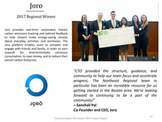 2017 Regional Winner
14
Joro provides real-time, automated, holistic
carbon emissions tracking and tailored feedback
to help citizens make energy-saving choices
about everyday activities and purchases. The
Joro platform enables users to compete and
engage with friends and family, in order to earn
rewards for environmentally conscious
consumption, to save money, and to reduce their
overall carbon footprints.
“CTO provided the structure, guidance, and
community to help our team focus and accelerate
progress. The Northeast Regional team in
particular has been an incredible resource for us
getting started in the Boston area. We’re looking
forward to continuing to be a part of the
community!”
– Sanchali Pal
Co-Founder and CEO, Joro
Joro
Cleantech Open Northeast l 2017 Impact Report
 