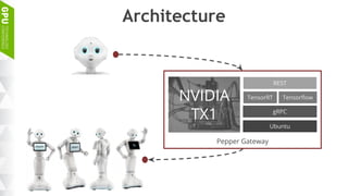 Architecture
Pepper Gateway
NVIDIA
TX1
Ubuntu
Tensorflow
REST
TensorRT
gRPC
 