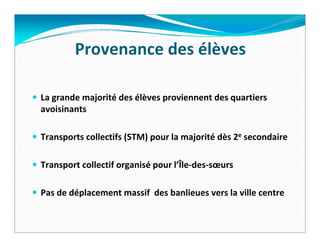 Provenance des élèves

La grande majorité des élèves proviennent des quartiers 
avoisinants  

Transports collectifs (STM) pour la majorité dès 2e secondaire  

Transport collectif organisé pour l’Île‐des‐sœurs

Pas de déplacement massif  des banlieues vers la ville centre
 