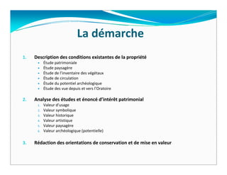 La démarche
1.   Description des conditions existantes de la propriété
           Étude patrimoniale
           Étude paysagère
           Étude de l’inventaire des végétaux
           Étude de circulation
           Étude du potentiel archéologique
           Étude des vue depuis et vers l’Oratoire

2.   Analyse des études et énoncé d’intérêt patrimonial
      1.   Valeur d’usage
      2.   Valeur symbolique
      3.   Valeur historique
      4.   Valeur artistique
      5.   Valeur paysagère
      6.   Valeur archéologique (potentielle)

3.   Rédaction des orientations de conservation et de mise en valeur
 