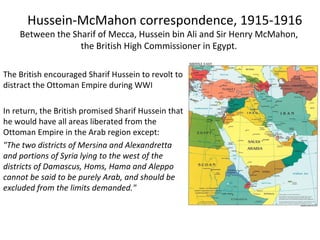 Hussein-McMahon correspondence, 1915-1916 Between the Sharif of Mecca, Hussein bin Ali and Sir Henry McMahon,  the British High Commissioner in Egypt.  ,[object Object],[object Object],[object Object]