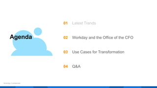 Agenda
Workday Confidential
01 Latest Trends
02 Workday and the Office of the CFO
03 Use Cases for Transformation
04 Q&A
 