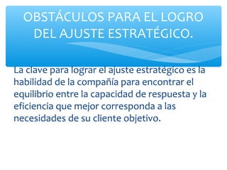 OBSTÁCULOS PARA EL LOGRO
   DEL AJUSTE ESTRATÉGICO.

La clave para lograr el ajuste estratégico es la
habilidad de la compañía para encontrar el
equilibrio entre la capacidad de respuesta y la
eficiencia que mejor corresponda a las
necesidades de su cliente objetivo.
 