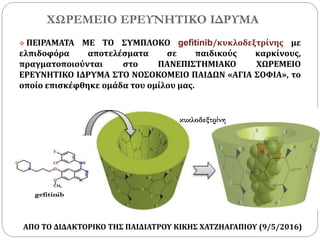 ΧΩΡΕΜΕΙΟ ΕΡΕΥΝΗΤΙΚΟ ΙΔΡΥΜΑ
 ΠΕΙΡΑΜΑΤΑ ΜΕ ΤΟ ΣΥΜΠΛΟΚΟ gefitinib/κυκλοδεξτρίνης με
ελπιδοφόρα αποτελέσματα σε παιδικούς καρκίνους,
πραγματοποιούνται στο ΠΑΝΕΠΙΣΤΗΜΙΑΚΟ ΧΩΡΕΜΕΙΟ
ΕΡΕΥΝΗΤΙΚΟ ΙΔΡΥΜΑ ΣΤΟ ΝΟΣΟΚΟΜΕΙΟ ΠΑΙΔΩΝ «ΑΓΙΑ ΣΟΦΙΑ», το
οποίο επισκέφθηκε ομάδα του ομίλου μας.
κυκλοδεξτρίνη
ΑΠΟ ΤΟ ΔΙΔΑΚΤΟΡΙΚΟ ΤΗΣ ΠΑΙΔΙΑΤΡΟΥ ΚΙΚΗΣ ΧΑΤΖΗΑΓΑΠΙΟΥ (9/5/2016)
 