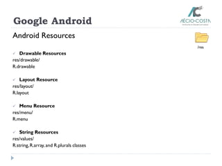 Google Android
Android Resources
 Drawable Resources
res/drawable/
R.drawable
 Layout Resource
res/layout/
R.layout
 Menu Resource
res/menu/
R.menu
 String Resources
res/values/
R.string,R.array, and R.plurals classes
/res
 