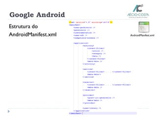 Google Android
Estrutura do
AndroidManifest.xml AndroidManifest.xml
 
