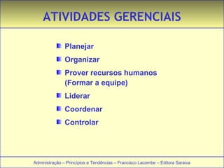 ATIVIDADES GERENCIAIS 
Planejar 
Organizar 
Prover recursos humanos 
(Formar a equipe) 
Liderar 
Coordenar 
Controlar 
Administração – Princípios e Tendências – Francisco Lacombe – Editora Saraiva 
 