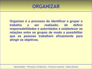ORGANIZAR 
Organizar é o processo de identificar e grupar o 
trabalho a ser realizado; de definir 
responsabilidades e autoridades e estabelecer as 
relações entre os grupos de modo a possibilitar 
que as pessoas trabalhem eficazmente para 
atingir os objetivos. 
Administração – Princípios e Tendências – Francisco Lacombe – Editora Saraiva 
 