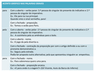 ACENTO GRÁFICO NAS PALAVRAS GRAVES

para   Com a aberto – verbo parar: 3.ª pessoa do singular do presente do indicativo e 2.ª
       pessoa do singular do imperativo.
       Ex.: Ele para na rua principal.
       Quando vires o sinal vermelho, para!
       Com a fechado - preposição.
       Ex.: Tomou o avião para Paris.
pela   Com e aberto - verbo pelar: 3.ª pessoa do singular do presente do indicativo e 2.ª
       pessoa do singular do imperativo.
       Ex.: A cozinheira pela as amêndoas para o bolo.
       Com e aberto - nome.
       Ex.: O jogo da pela divertia-o.
       Com e fechado - contração da preposição por com o artigo definido a ou com o
       pronome demonstrativo a.
       Ex.: Seguiu pela estrada.
       Podia ter proposto outra alternativa; pela que apresentou ninguém se empenhou.
pera   Com e fechado - nome.
       Ex.: Para sobremesa quero uma pera.
       Com e fechado - preposição arcaica.
       Ex.: «E pera onde é a viagem?» (Gil Vicente, Auto da Barca do Inferno)
 