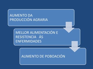 AUMENTO DA
PRODUCCIÓN AGRARIA


  MELLOR ALIMENTACIÓN E
  RESISTENCIA ÁS
  ENFERMIDADES


     AUMENTO DE POBOACIÓN
 