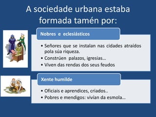 A sociedade urbana estaba
   formada tamén por:
   Nobres e eclesiásticos

   • Señores que se instalan nas cidades atraídos
     pola súa riqueza.
   • Constrúen palazos, igresias…
   • Viven das rendas dos seus feudos

   Xente humilde

   • Oficiais e aprendices, criados..
   • Pobres e mendigos: vivían da esmola…
 