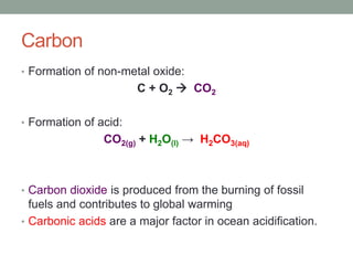 Carbon
• Formation of non-metal oxide:
C + O2  CO2
• Formation of acid:
CO2(g) + H2O(l) → H2CO3(aq)
• Carbon dioxide is produced from the burning of fossil
fuels and contributes to global warming
• Carbonic acids are a major factor in ocean acidification.
 