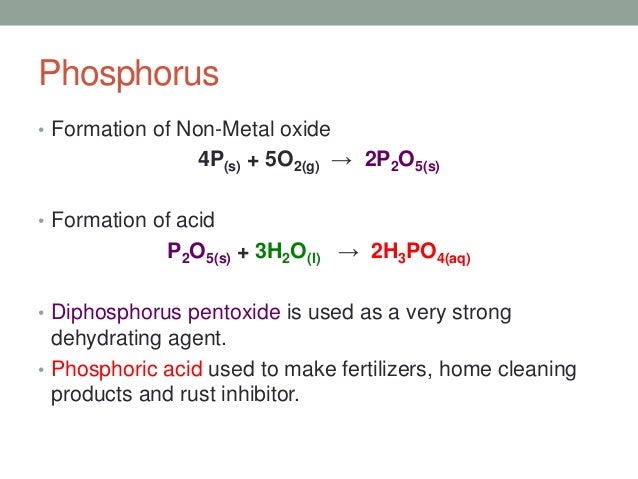 Diphosphorus Pentoxide (s) + Water (l) Phosphoric Acid (aq) 3 acid base reactions
