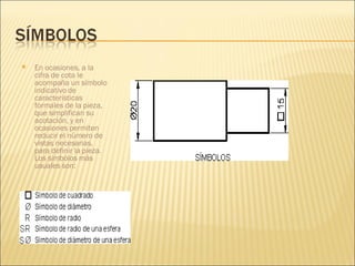 En ocasiones, a la cifra de cota le acompaña un símbolo indicativo de características formales de la pieza, que simplifican su acotación, y en ocasiones permiten reducir el número de vistas necesarias, para definir la pieza. Los símbolos más usuales son:   
