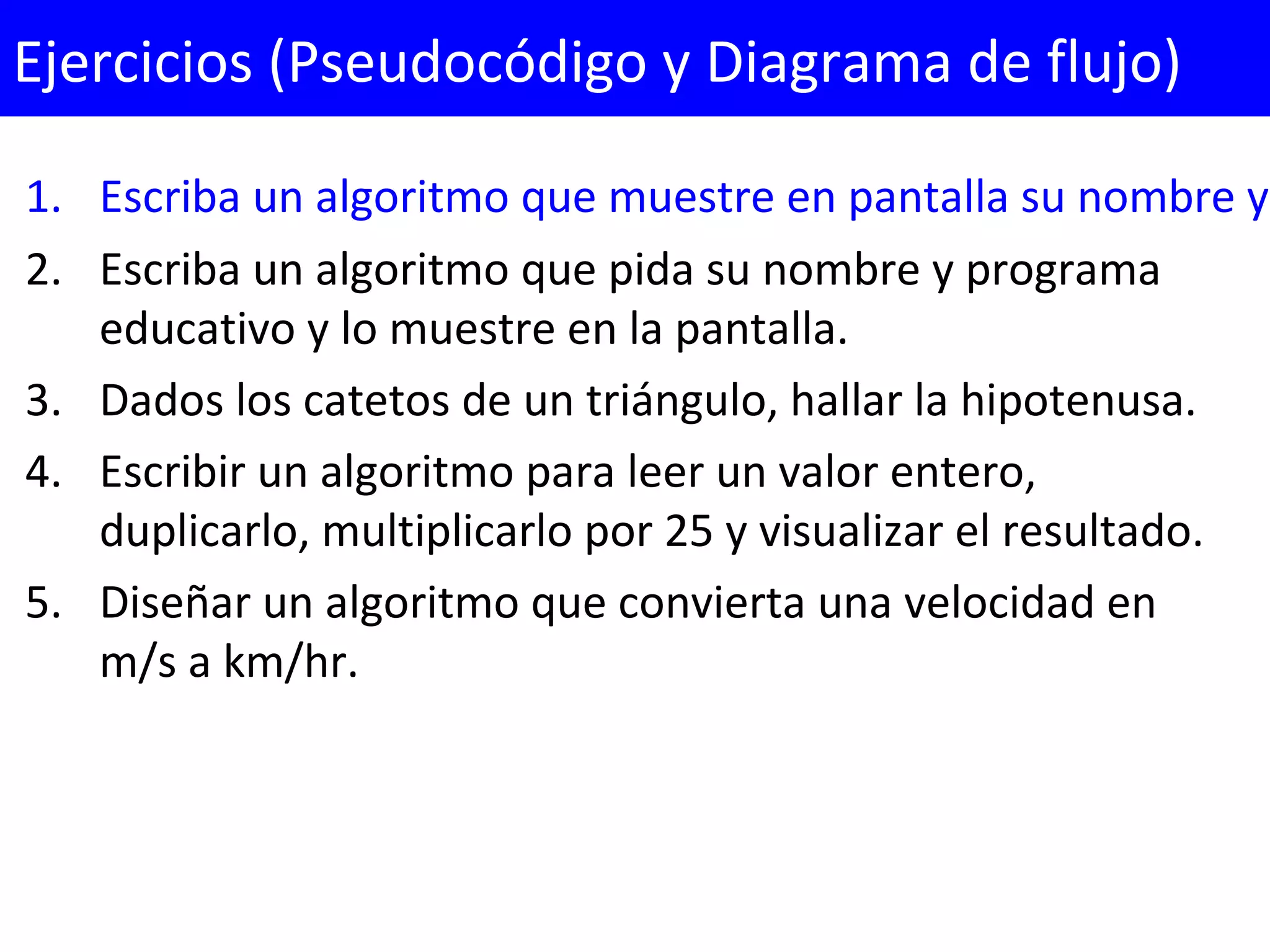 1. Escriba un algoritmo que muestre en pantalla su nombre y 
2. Escriba un algoritmo que pida su nombre y programa 
educativo y lo muestre en la pantalla.
3. Dados los catetos de un triángulo, hallar la hipotenusa. 
4. Escribir un algoritmo para leer un valor entero, 
duplicarlo, multiplicarlo por 25 y visualizar el resultado. 
5. Diseñar un algoritmo que convierta una velocidad en 
m/s a km/hr.
Ejercicios (Pseudocódigo y Diagrama de flujo)
 