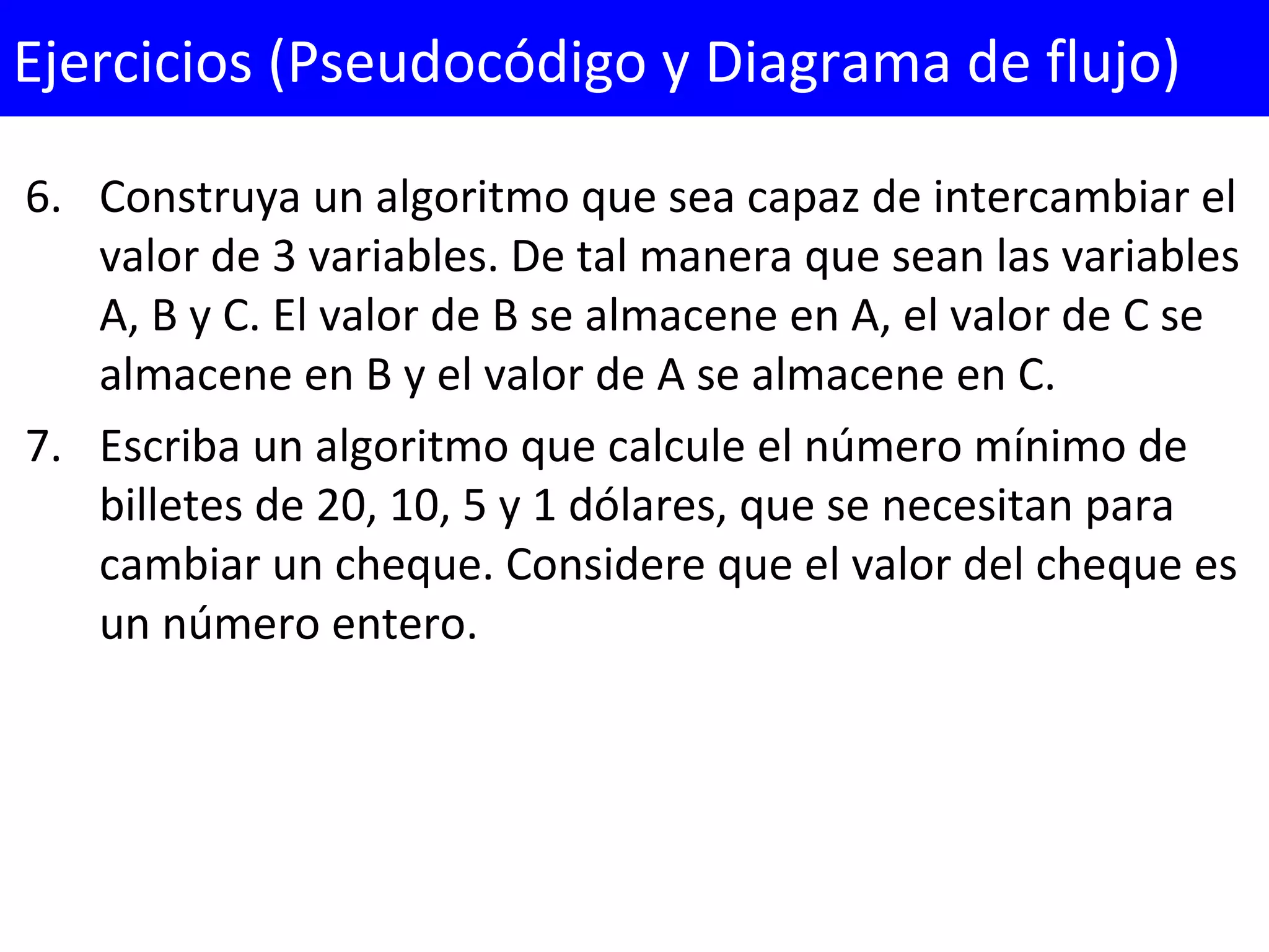 6. Construya un algoritmo que sea capaz de intercambiar el 
valor de 3 variables. De tal manera que sean las variables 
A, B y C. El valor de B se almacene en A, el valor de C se 
almacene en B y el valor de A se almacene en C.
7. Escriba un algoritmo que calcule el número mínimo de 
billetes de 20, 10, 5 y 1 dólares, que se necesitan para 
cambiar un cheque. Considere que el valor del cheque es 
un número entero.
Ejercicios (Pseudocódigo y Diagrama de flujo)
 