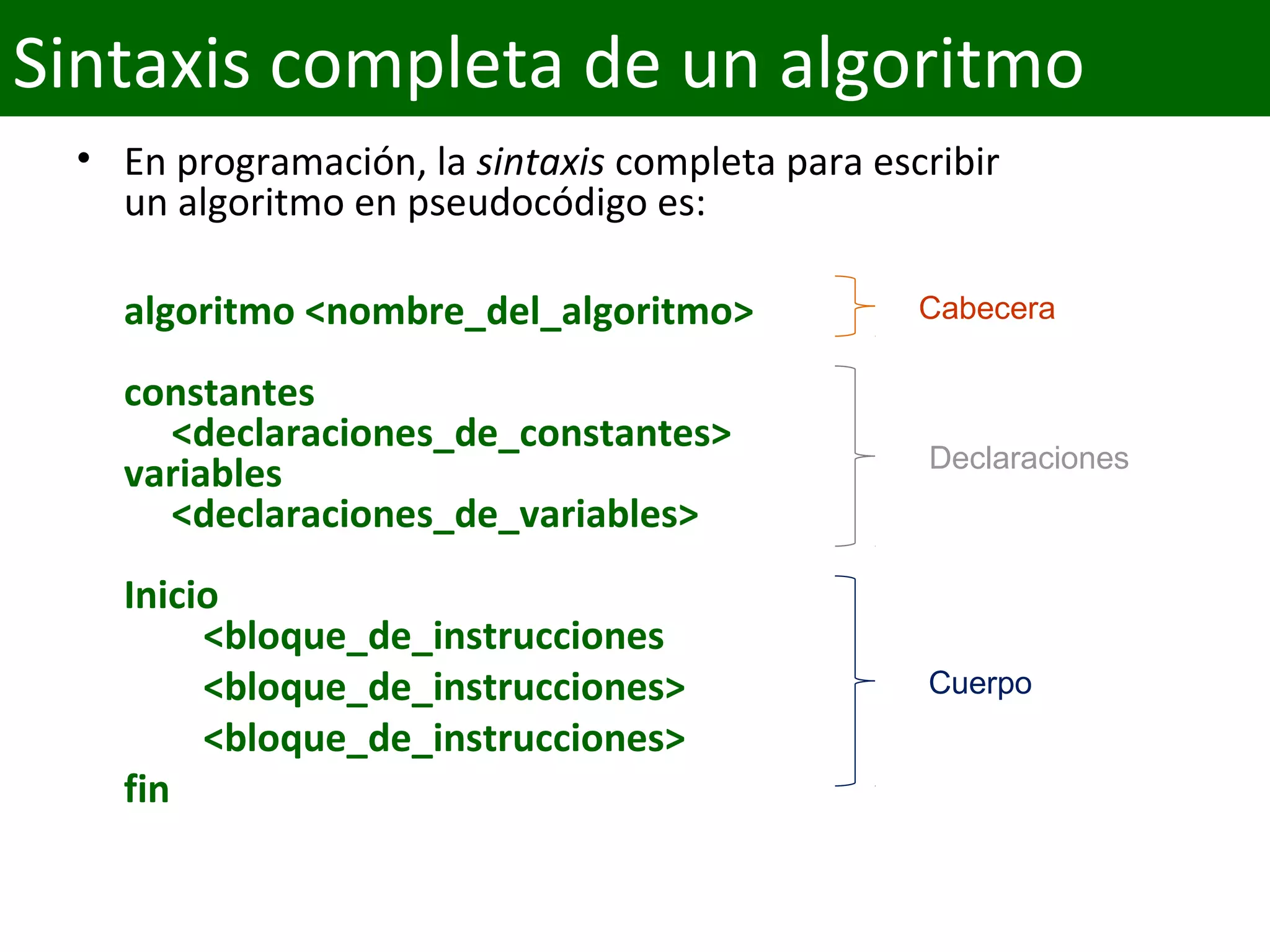 • En programación, la sintaxis completa para escribir 
un algoritmo en pseudocódigo es:
algoritmo <nombre_del_algoritmo>
constantes
<declaraciones_de_constantes>
variables
<declaraciones_de_variables>
Inicio
<bloque_de_instrucciones
<bloque_de_instrucciones>
<bloque_de_instrucciones>
fin
Sintaxis completa de un algoritmo
Cabecera
Declaraciones
Cuerpo
 