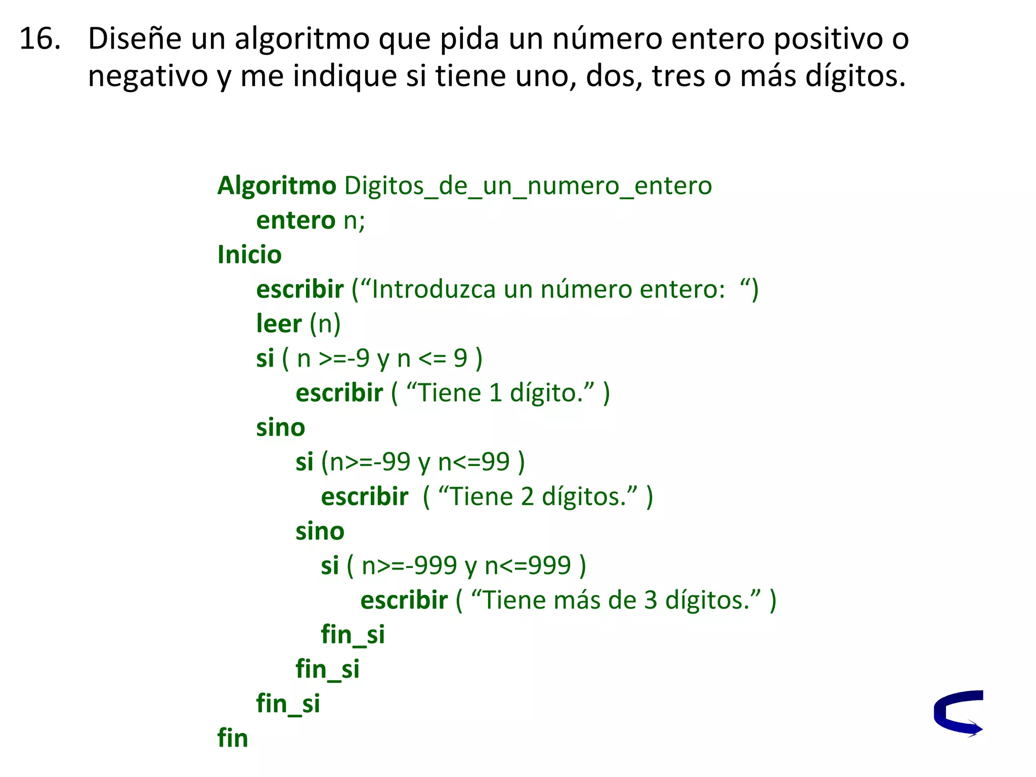 Algoritmo Digitos_de_un_numero_entero
entero n;
Inicio
escribir (“Introduzca un número entero: “)
leer (n)
si ( n >=-9 y n <= 9 )
escribir ( “Tiene 1 dígito.” )
sino
si (n>=-99 y n<=99 )
escribir ( “Tiene 2 dígitos.” )
sino
si ( n>=-999 y n<=999 )
escribir ( “Tiene más de 3 dígitos.” )
fin_si
fin_si
fin_si
fin
16. Diseñe un algoritmo que pida un número entero positivo o
negativo y me indique si tiene uno, dos, tres o más dígitos.
 