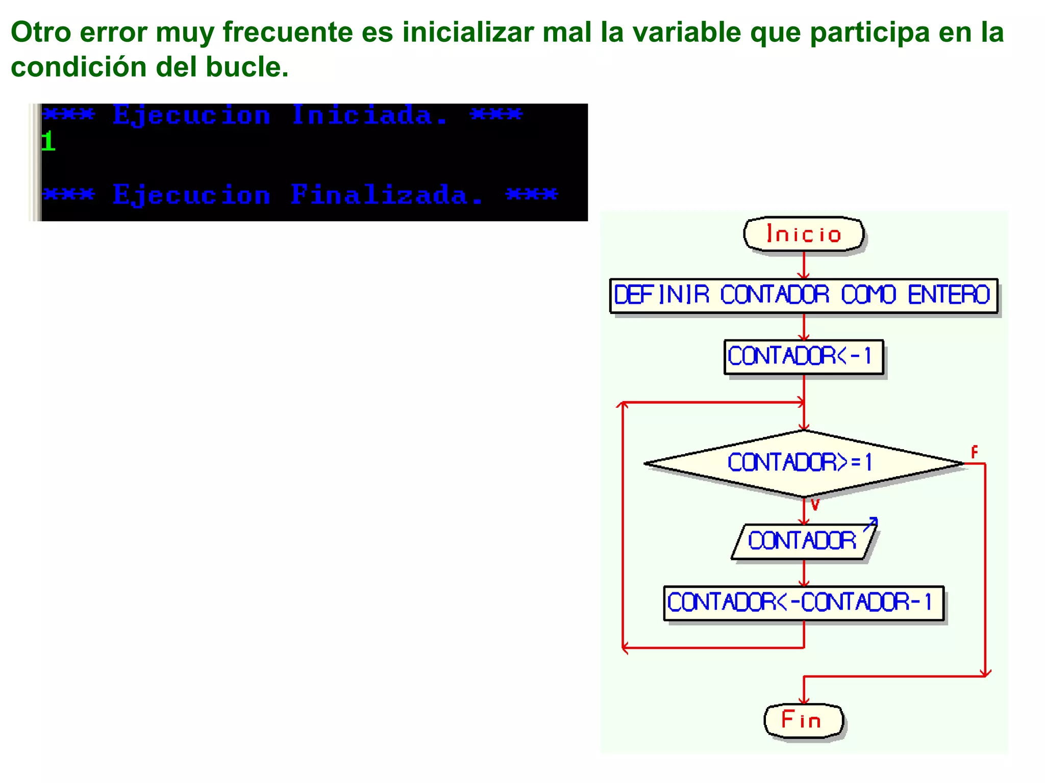Otro error muy frecuente es inicializar mal la variable que participa en la
condición del bucle.
 