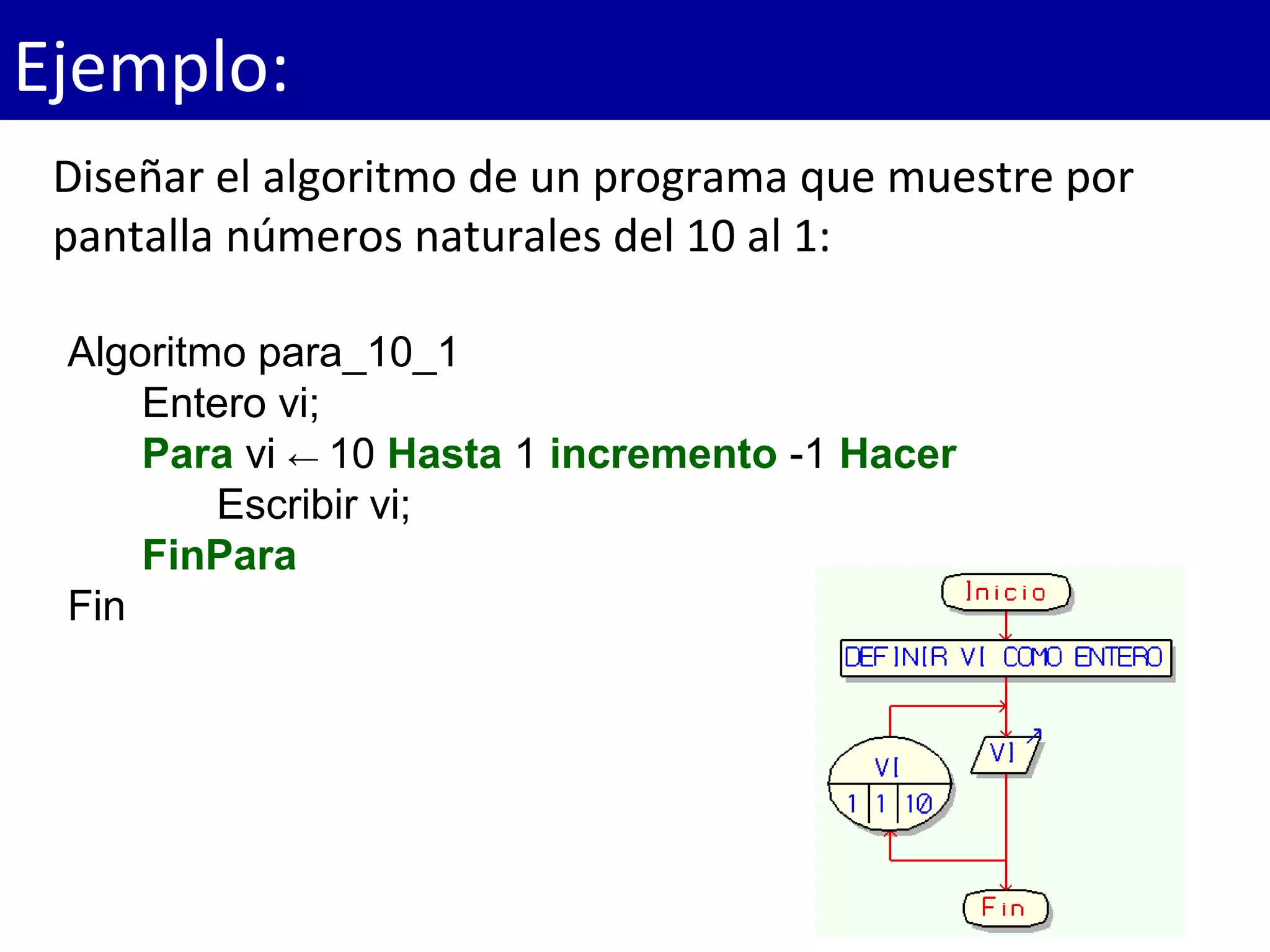 Ejemplo:
Diseñar el algoritmo de un programa que muestre por
pantalla números naturales del 10 al 1:
Algoritmo para_10_1
Entero vi;
Para vi ← 10 Hasta 1 incremento -1 Hacer
Escribir vi;
FinPara
Fin
 