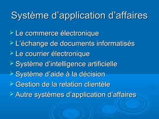 Système d’application d’affaires
 Le commerce électronique
 L’échange de documents informatisés
 Le courrier électronique
 Système d’intelligence artificielle
 Système d’aide à la décision
 Gestion de la relation clientèle
 Autre systèmes d’application d’affaires
 